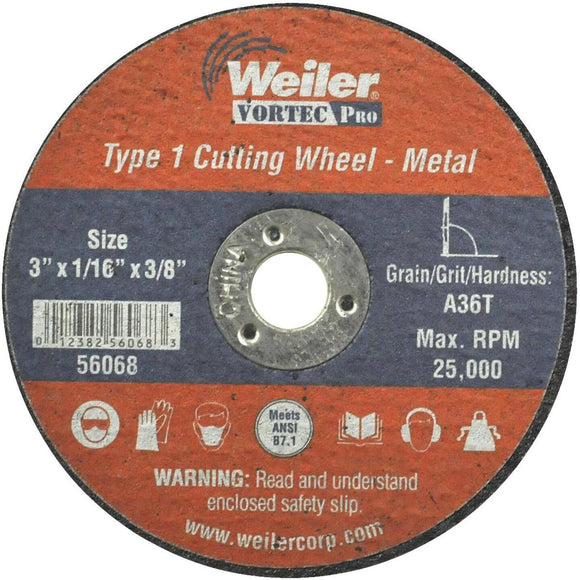 Weiler Vortec Type 1 3 In. x 1/16 In. x 3/8 In. Metal/Plastic Cut-Off Wheel